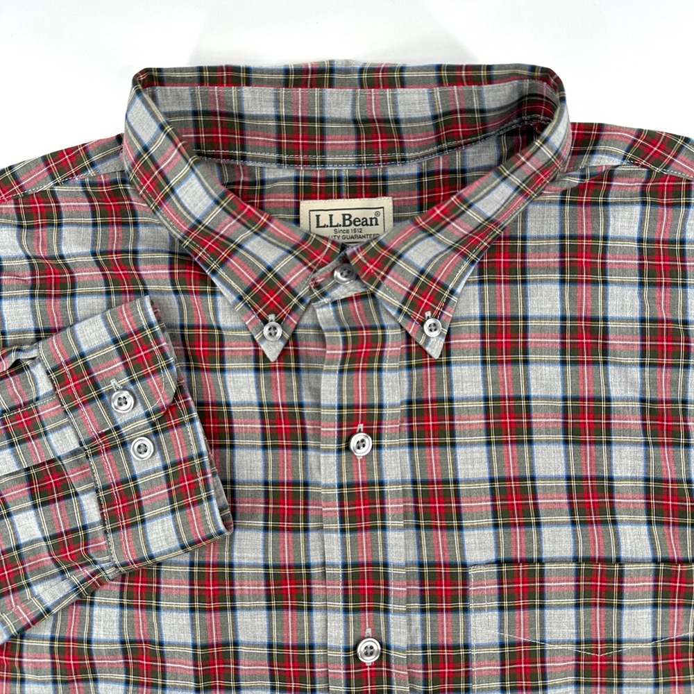 LL Bean Mens Plaid Button Down Shirt Grey Red Traditional Fit Large Tartan